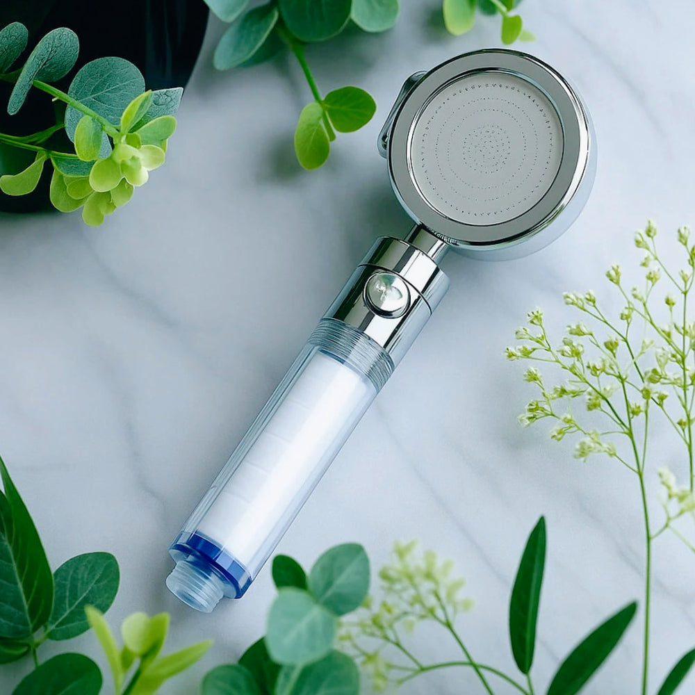 Soffione doccia con filtro anticalcare 3 getti d'acqua tasto ON/OFF - ambraled