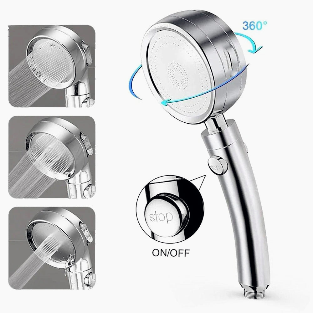 Soffione doccia con filtro anticalcare 3 getti d'acqua tasto ON/OFF - ambraled