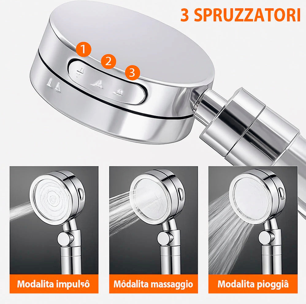 Soffione doccia con filtro anticalcare 3 getti d'acqua tasto ON/OFF - ambraled