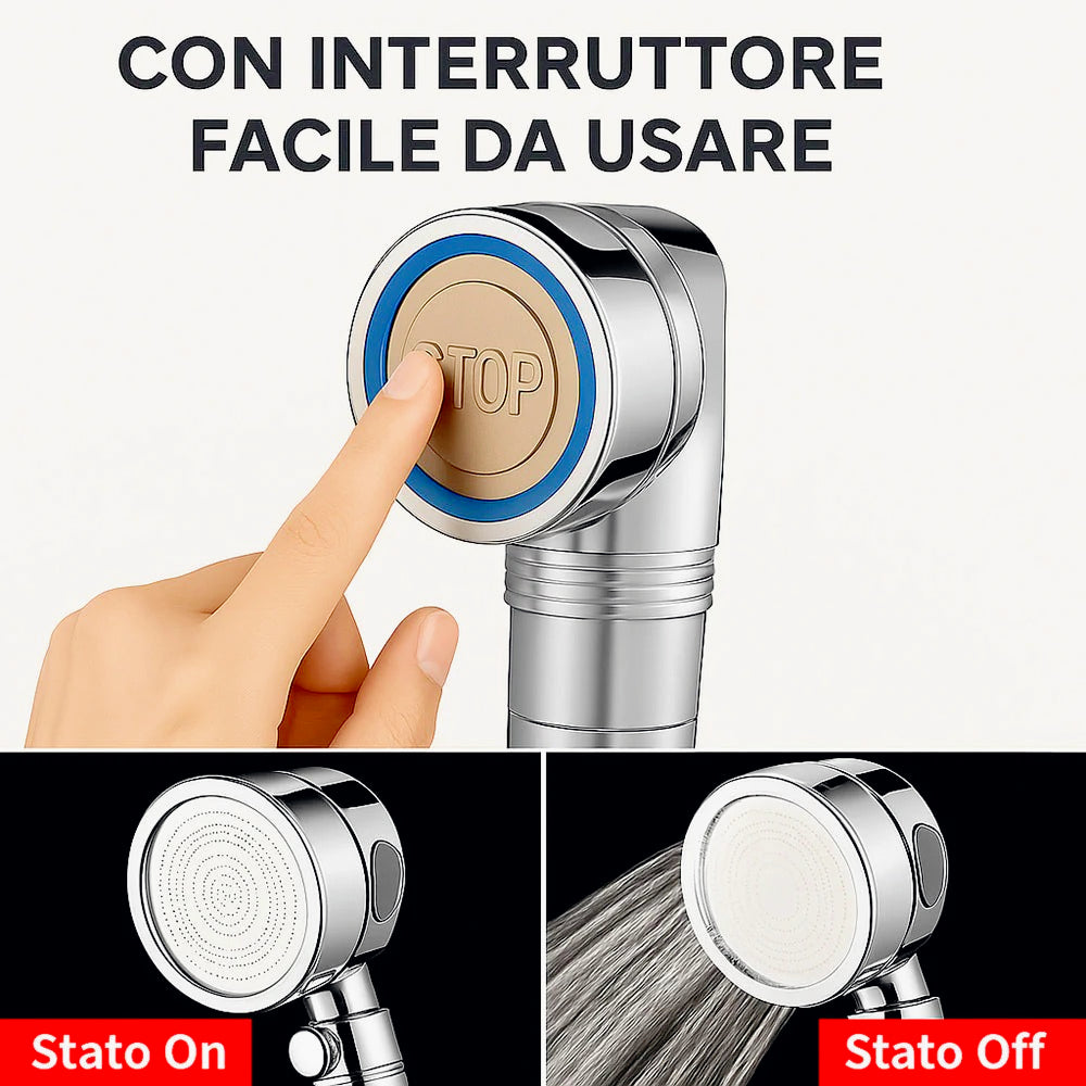 Soffione doccia con filtro anticalcare 3 getti d'acqua tasto ON/OFF - ambraled