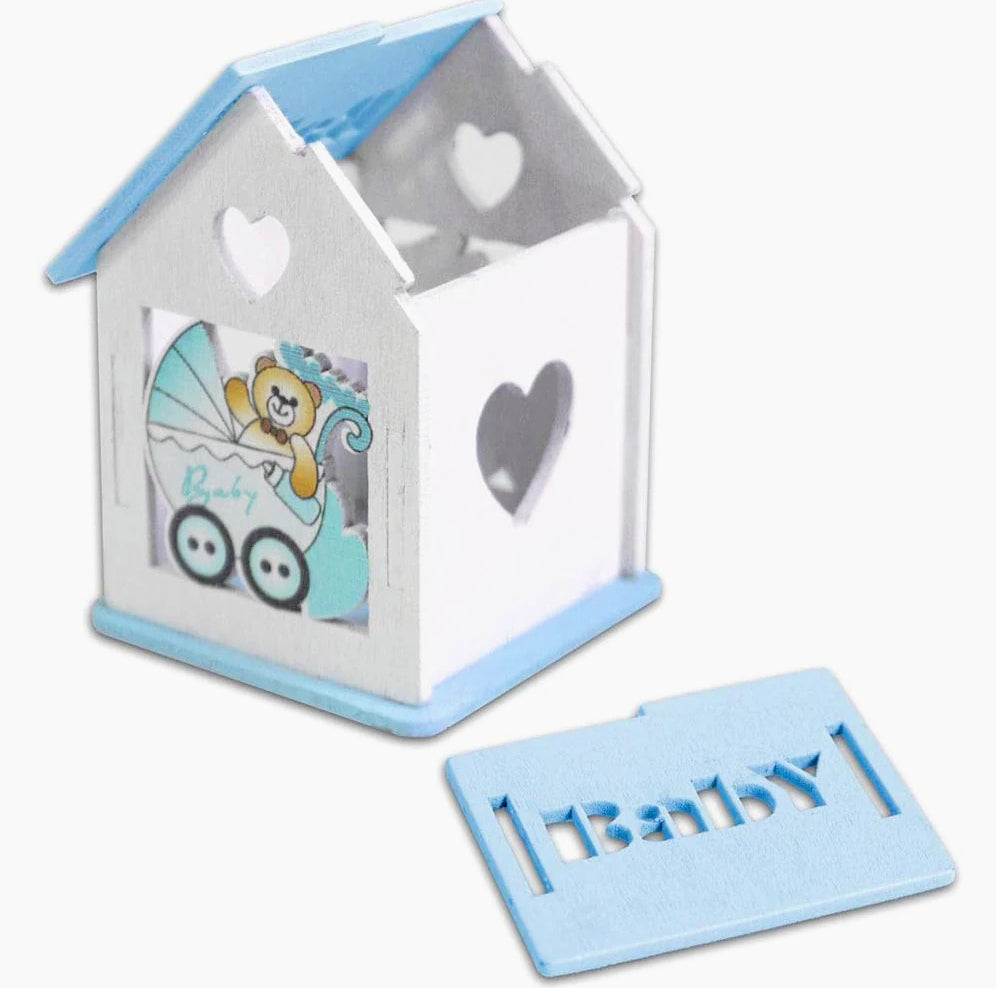 Set 12 scatoline portaconfetti a forma di casetta con orsetto in carrozzina - ambraled