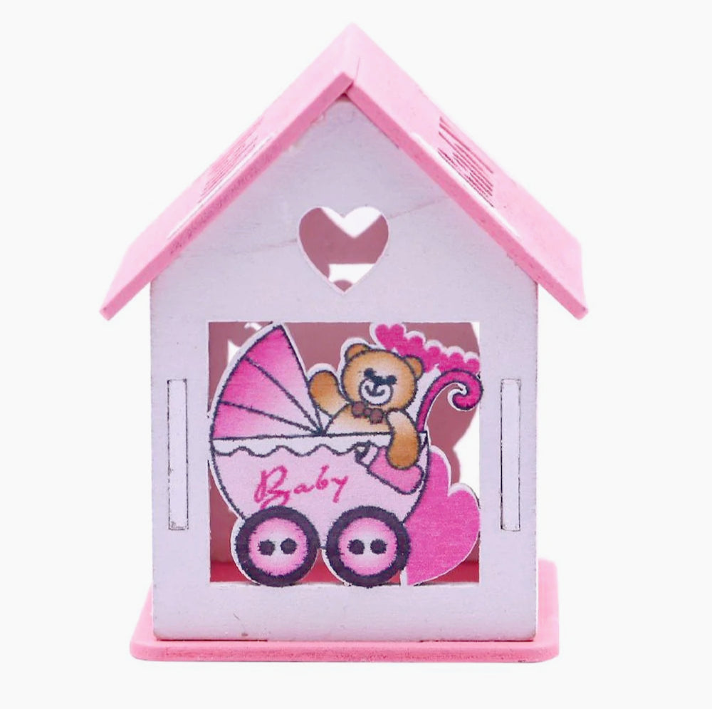 Set 12 scatoline portaconfetti a forma di casetta con orsetto in carrozzina - ambraled