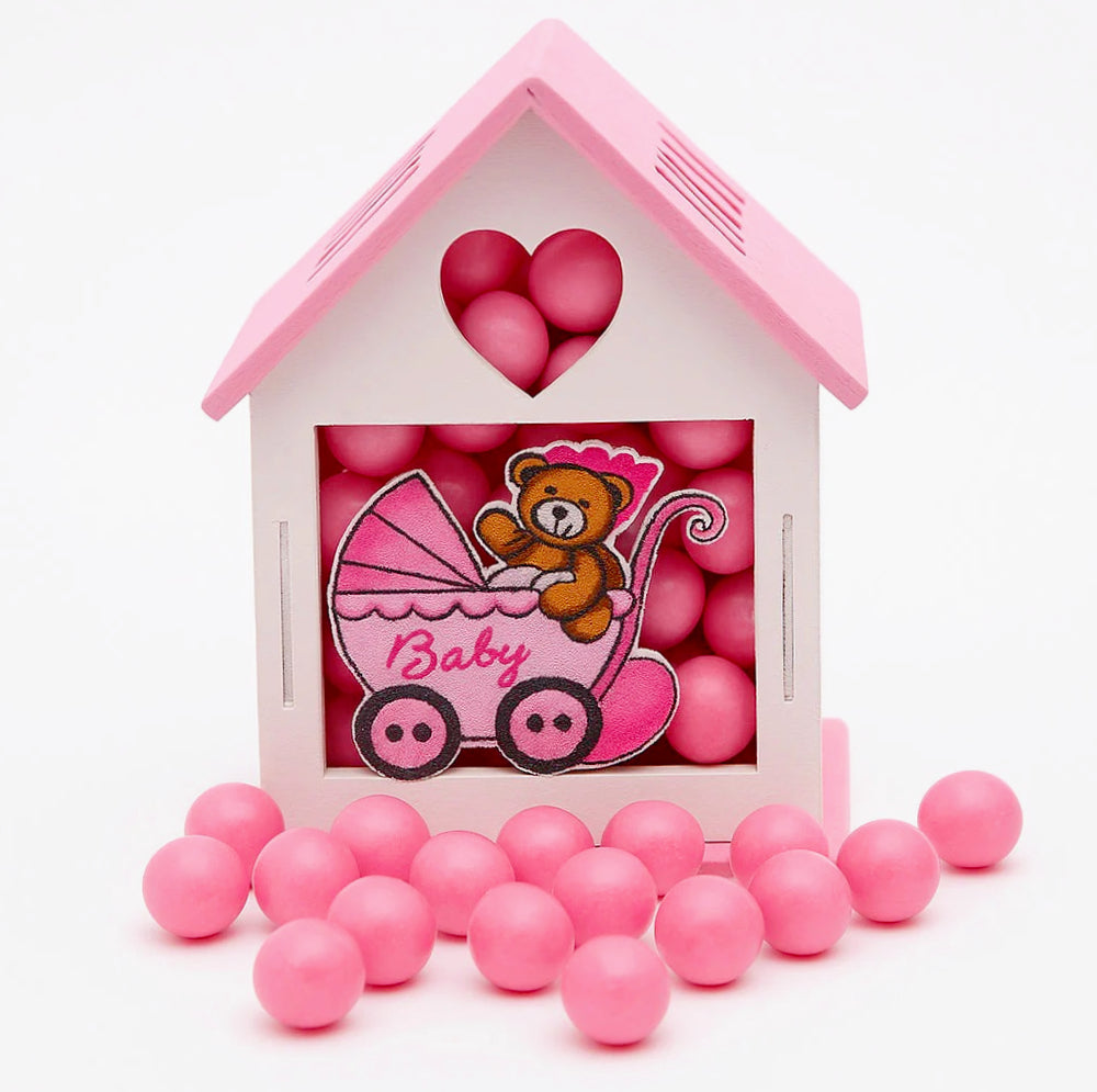 Set 12 scatoline portaconfetti a forma di casetta con orsetto in carrozzina - ambraled