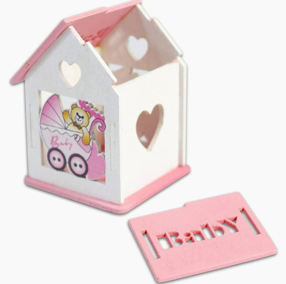Set 12 scatoline portaconfetti a forma di casetta con orsetto in carrozzina - ambraled