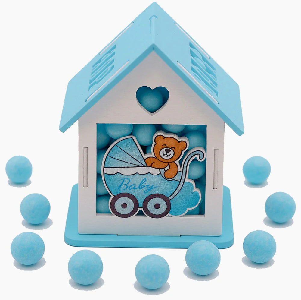Set 12 scatoline portaconfetti a forma di casetta con orsetto in carrozzina - ambraled