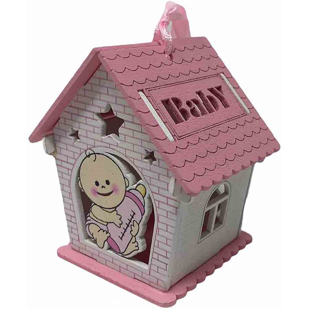 Set 12 bomboniere per battesimo a forma di casetta in legno, decorate con biberon rosa e celeste - ambraled
