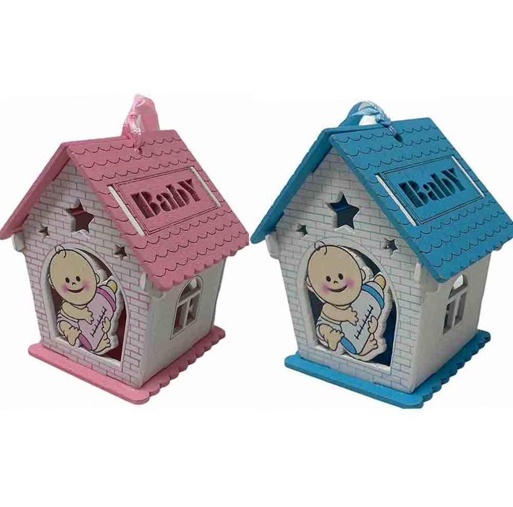 Set 12 bomboniere per battesimo a forma di casetta in legno, decorate con biberon rosa e celeste - ambraled