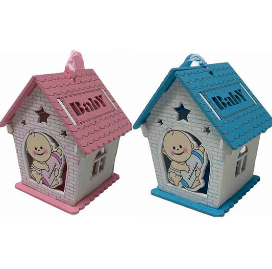 Set 12 bomboniere per battesimo a forma di casetta in legno, decorate con biberon rosa e celeste - ambraled