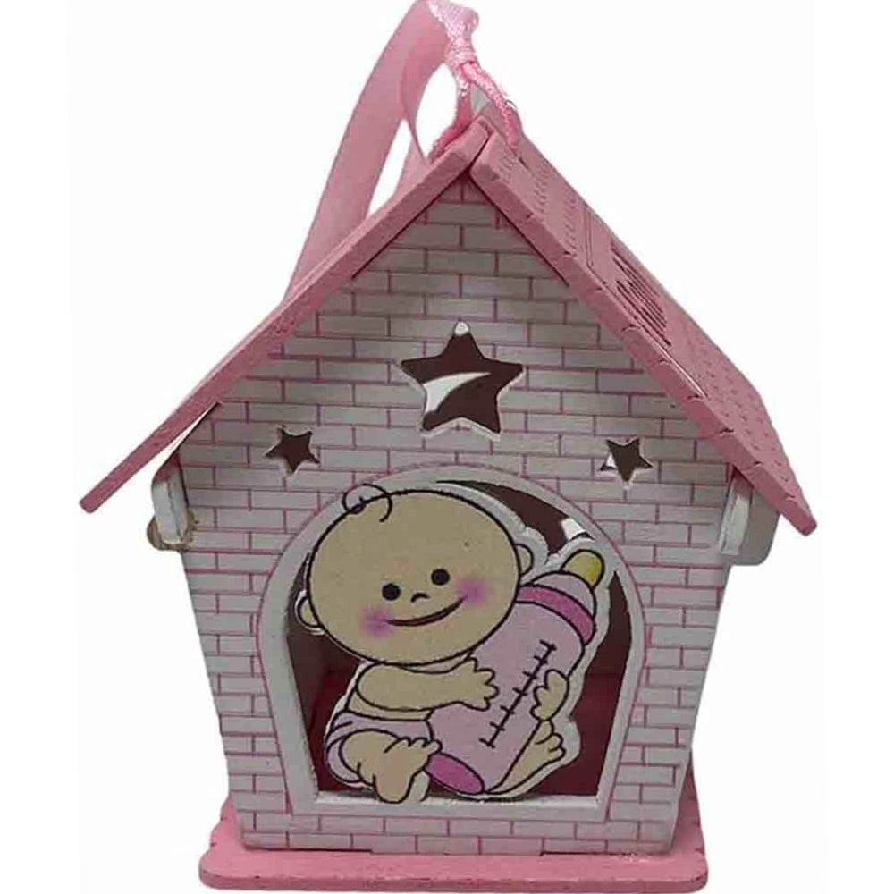 Set 12 bomboniere per battesimo a forma di casetta in legno, decorate con biberon rosa e celeste - ambraled