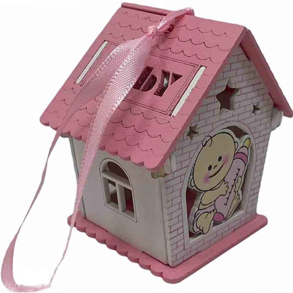 Set 12 bomboniere per battesimo a forma di casetta in legno, decorate con biberon rosa e celeste - ambraled