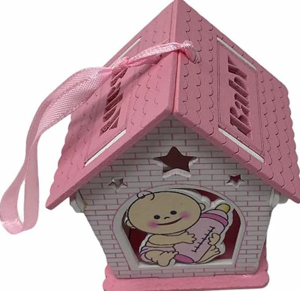 Set 12 bomboniere per battesimo a forma di casetta in legno, decorate con biberon rosa e celeste - ambraled