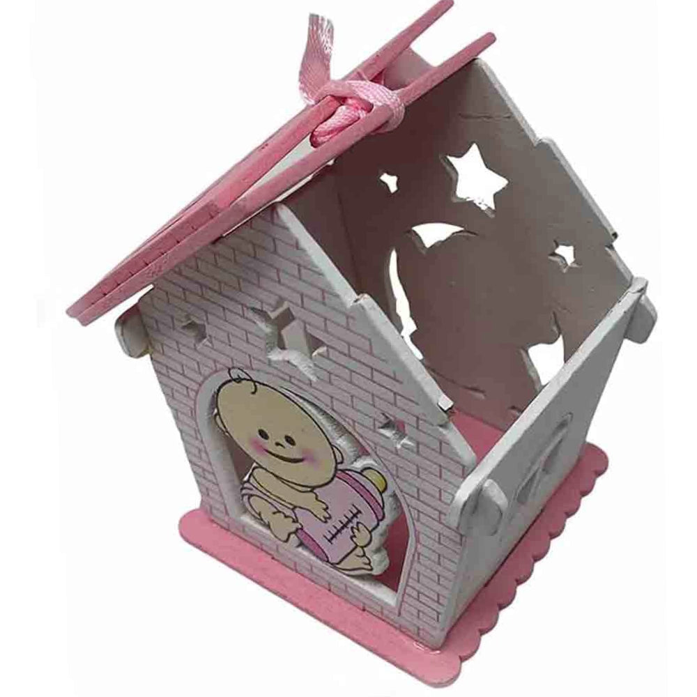 Set 12 bomboniere per battesimo a forma di casetta in legno, decorate con biberon rosa e celeste - ambraled