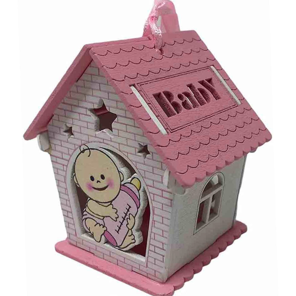 Set 12 bomboniere per battesimo a forma di casetta in legno, decorate con biberon rosa e celeste - ambraled