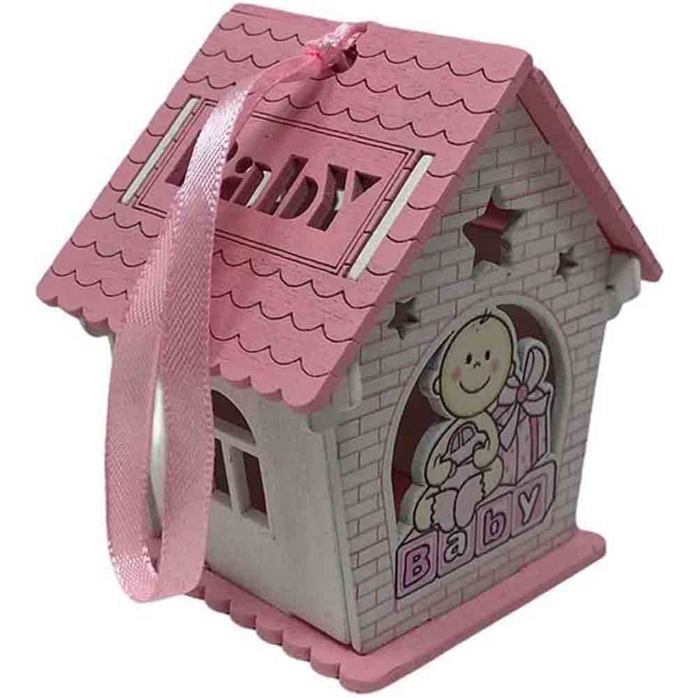 Set 12 bomboniere per battesimo a forma di casetta in legno, con piccoli regali color rosa e celeste - ambraled