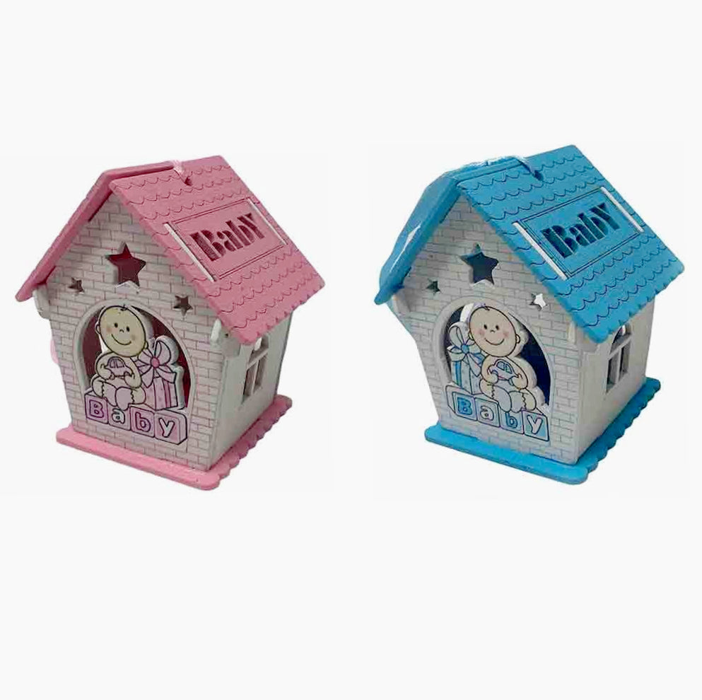 Set 12 bomboniere per battesimo a forma di casetta in legno, con piccoli regali color rosa e celeste - ambraled