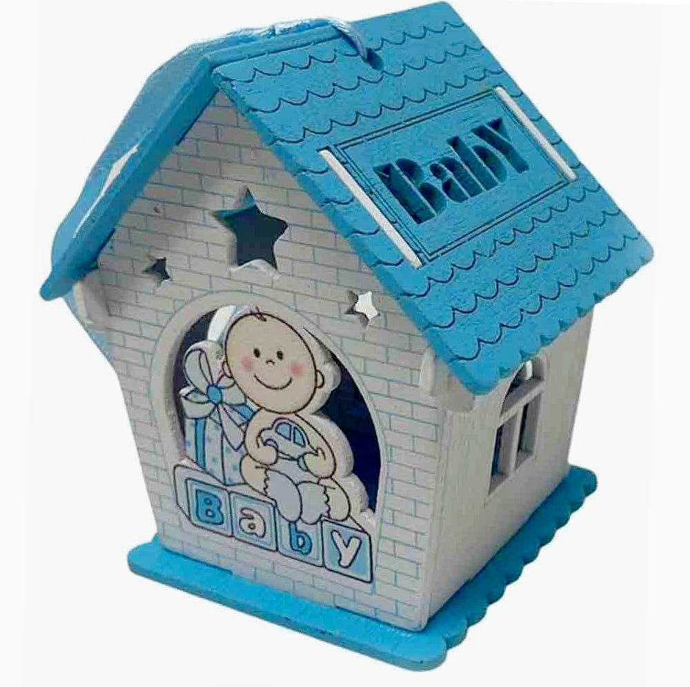 Set 12 bomboniere per battesimo a forma di casetta in legno, con piccoli regali color rosa e celeste - ambraled