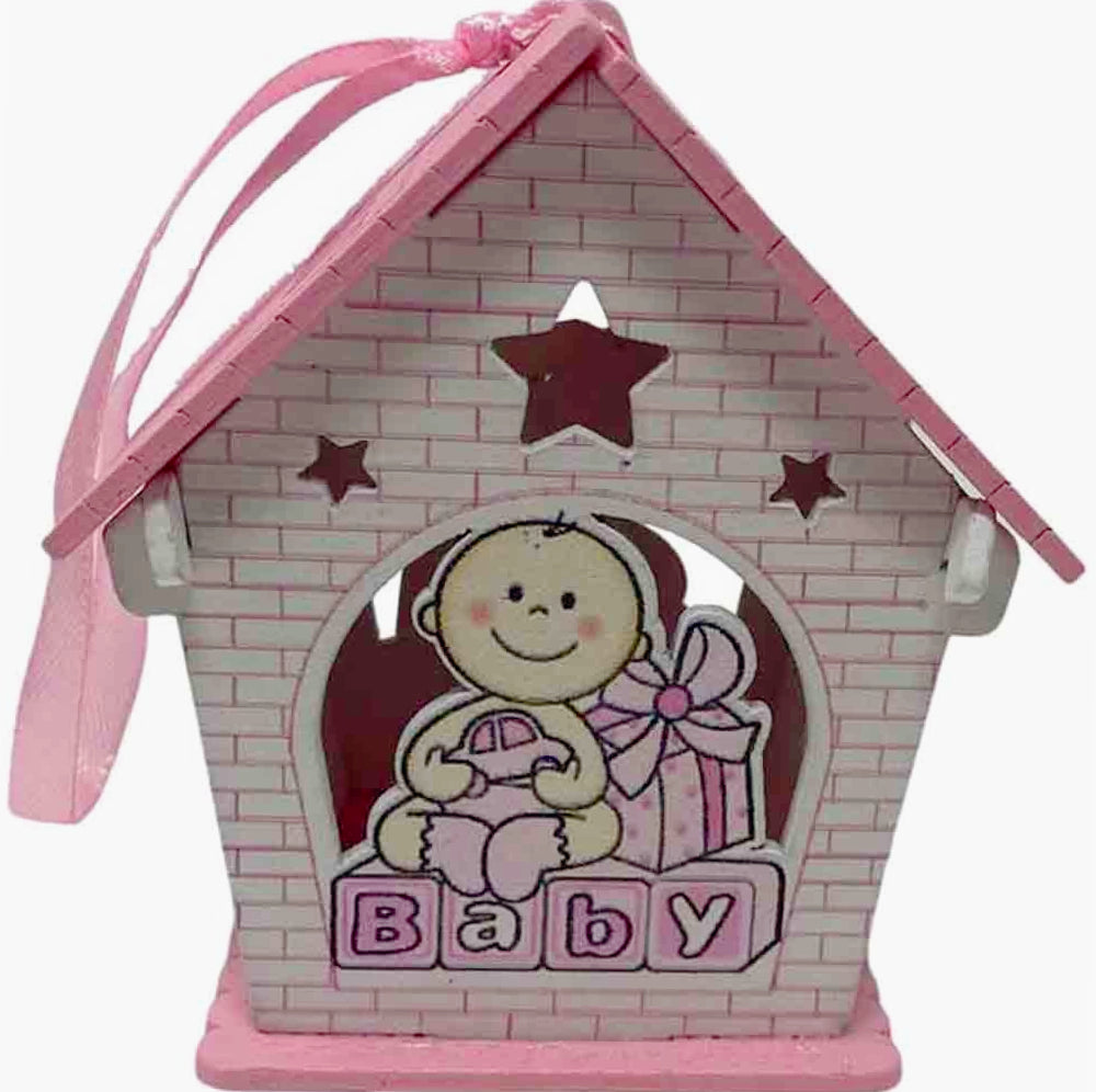 Set 12 bomboniere per battesimo a forma di casetta in legno, con piccoli regali color rosa e celeste - ambraled