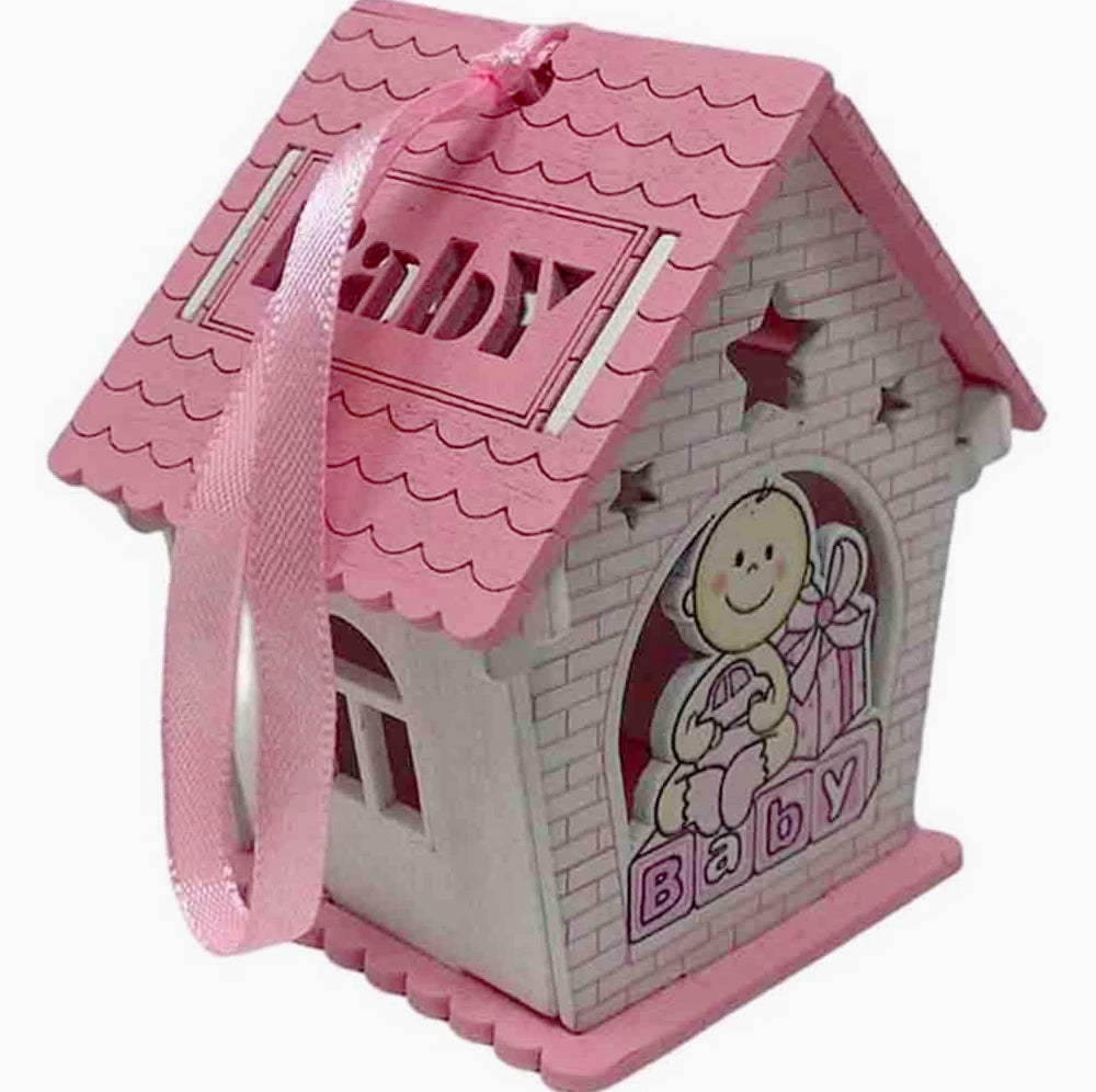 Set 12 bomboniere per battesimo a forma di casetta in legno, con piccoli regali color rosa e celeste - ambraled