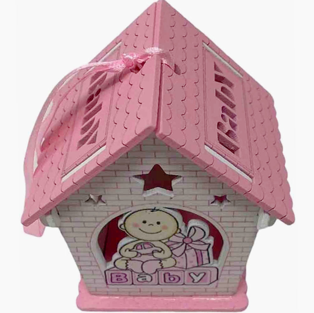 Set 12 bomboniere per battesimo a forma di casetta in legno, con piccoli regali color rosa e celeste - ambraled