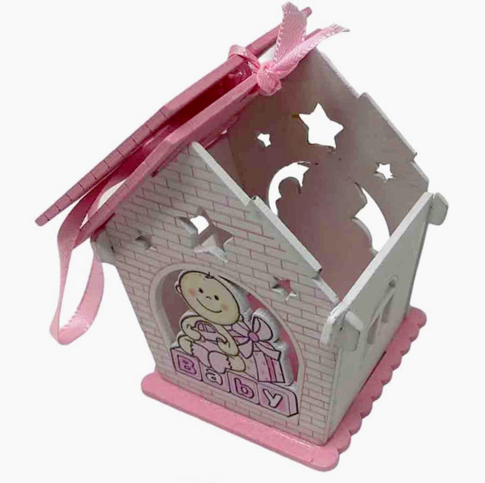 Set 12 bomboniere per battesimo a forma di casetta in legno, con piccoli regali color rosa e celeste - ambraled
