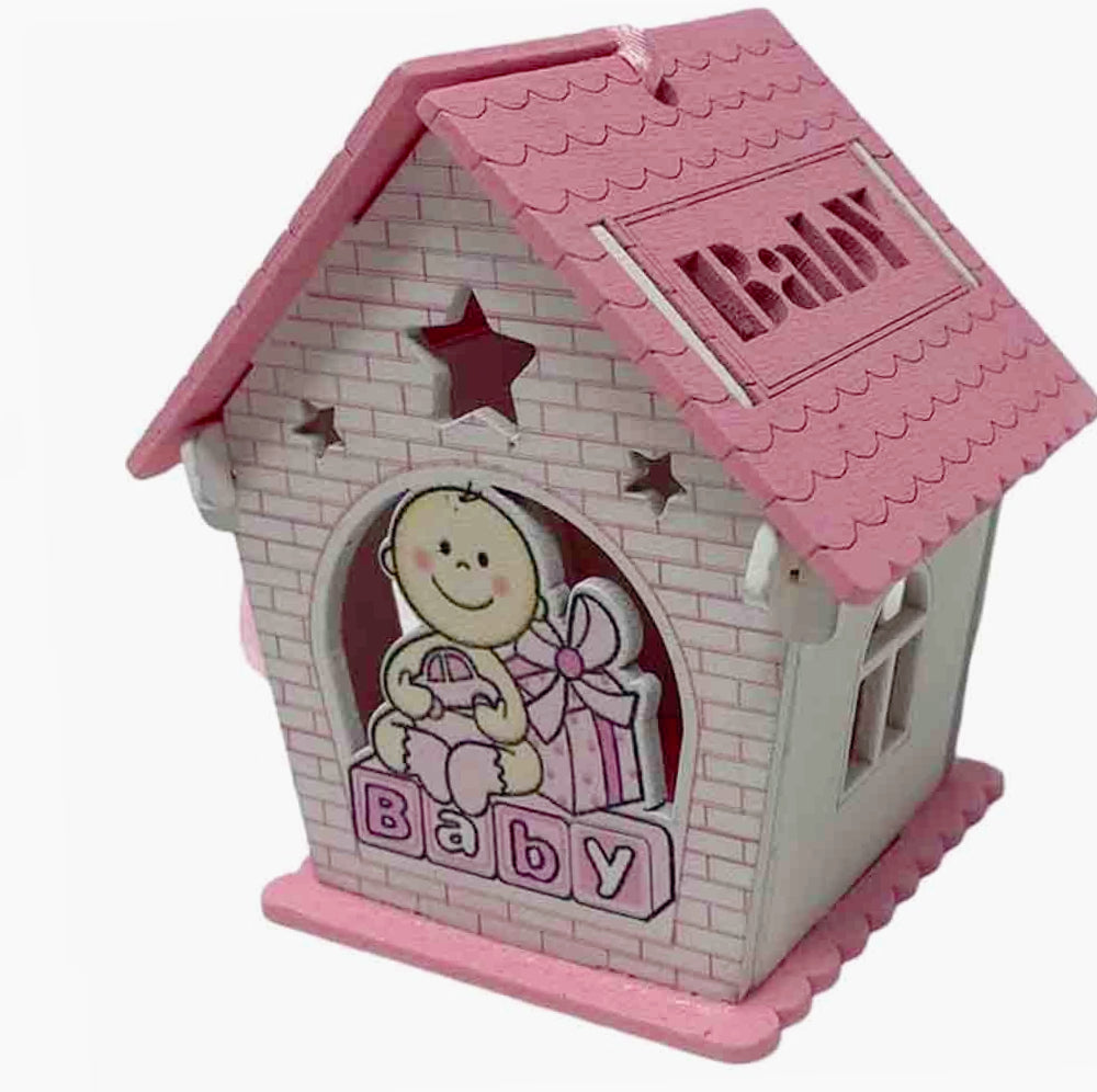 Set 12 bomboniere per battesimo a forma di casetta in legno, con piccoli regali color rosa e celeste - ambraled