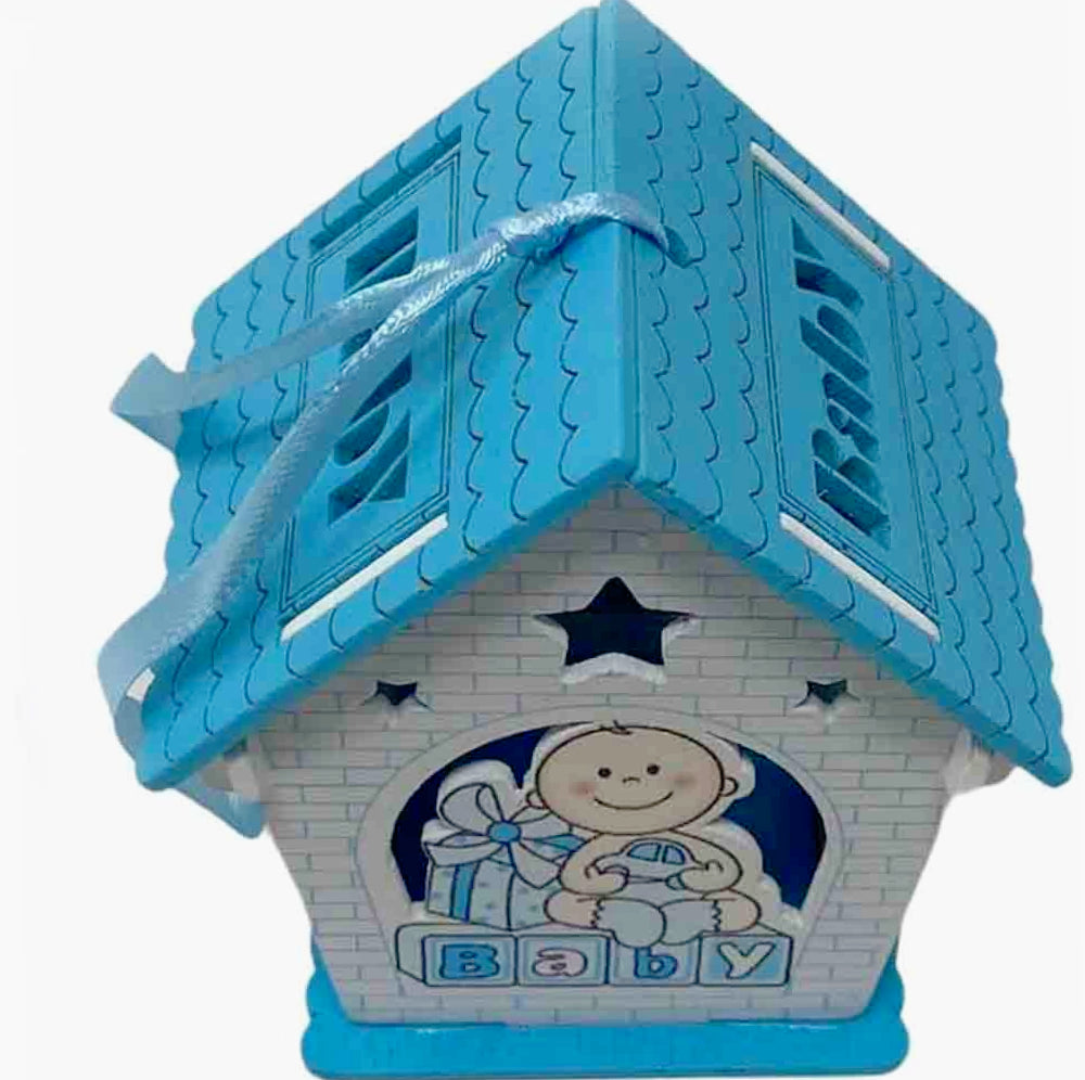 Set 12 bomboniere per battesimo a forma di casetta in legno, con piccoli regali color rosa e celeste - ambraled