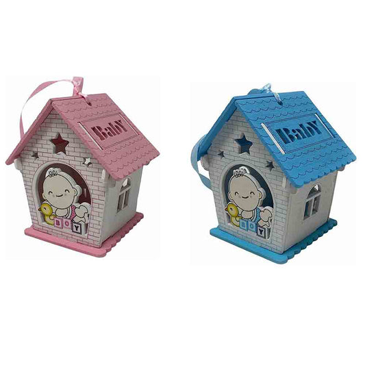 Set 12 bomboniere per battesimo a forma di casetta in legno, decorate con oche rosa e celesti - ambraled