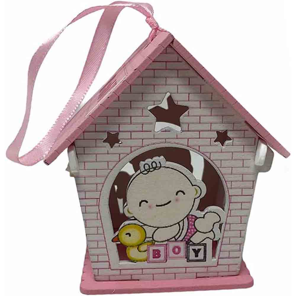 Set 12 bomboniere per battesimo a forma di casetta in legno, decorate con oche rosa e celesti - ambraled