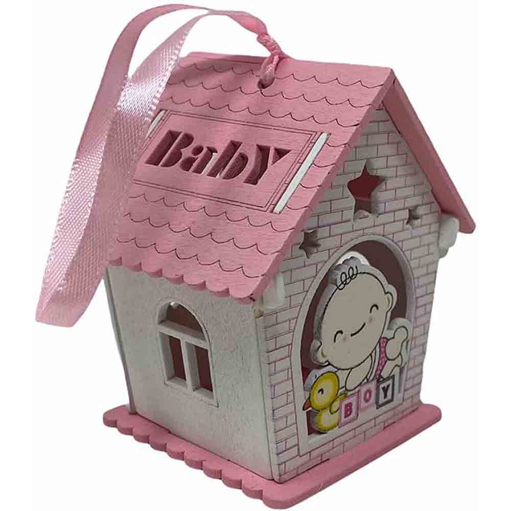 Set 12 bomboniere per battesimo a forma di casetta in legno, decorate con oche rosa e celesti - ambraled
