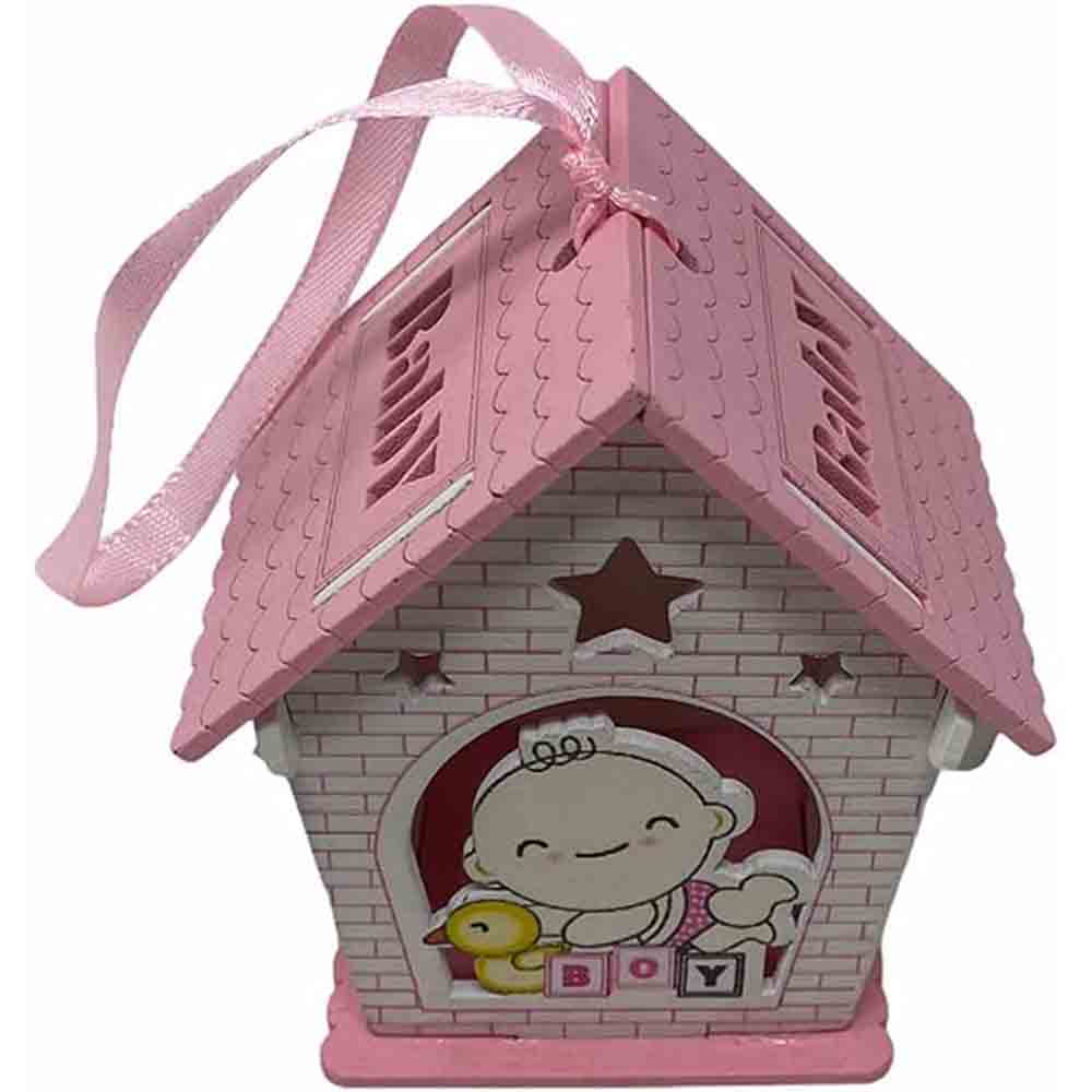 Set 12 bomboniere per battesimo a forma di casetta in legno, decorate con oche rosa e celesti - ambraled