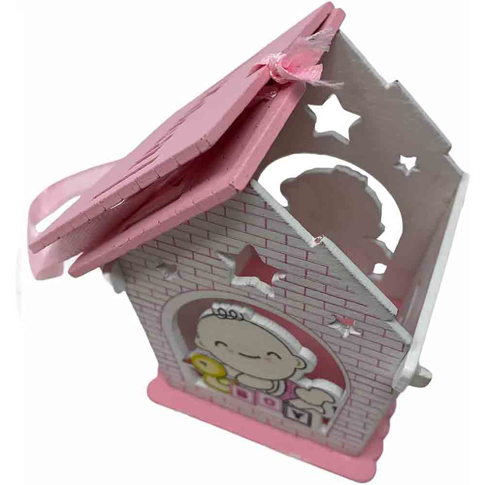 Set 12 bomboniere per battesimo a forma di casetta in legno, decorate con oche rosa e celesti - ambraled