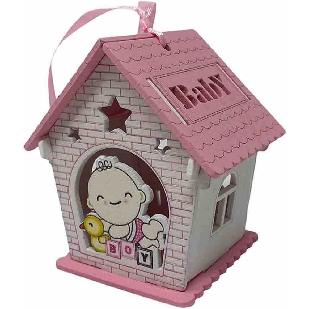 Set 12 bomboniere per battesimo a forma di casetta in legno, decorate con oche rosa e celesti - ambraled
