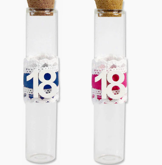 Set 12 bomboniere-portaconfetti a forma di provetta in vetro con tappo, perfette per i 18 anni - ambraled