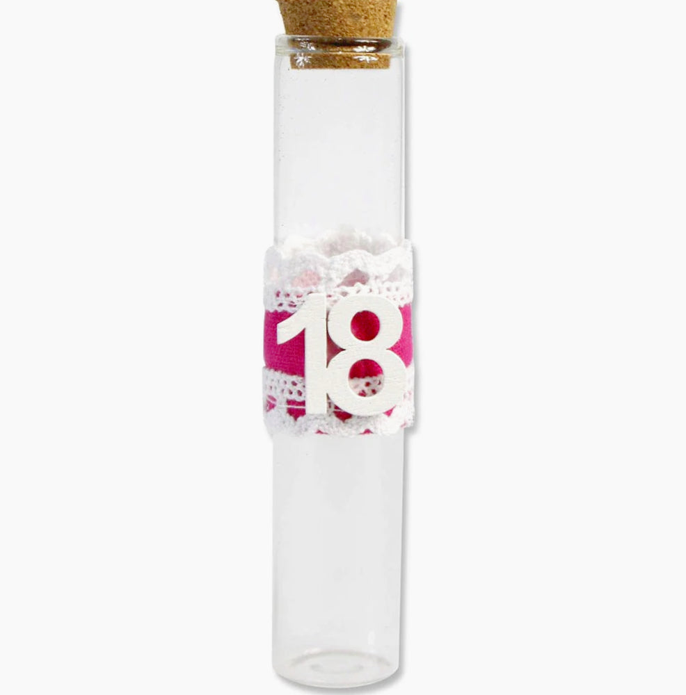 Set 12 bomboniere-portaconfetti a forma di provetta in vetro con tappo, perfette per i 18 anni - ambraled