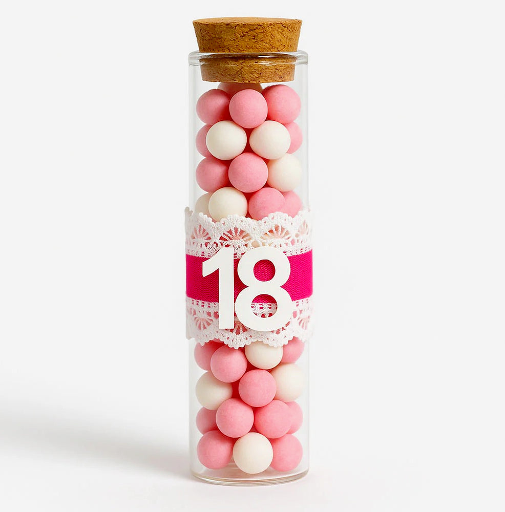 Set 12 bomboniere-portaconfetti a forma di provetta in vetro con tappo, perfette per i 18 anni - ambraled