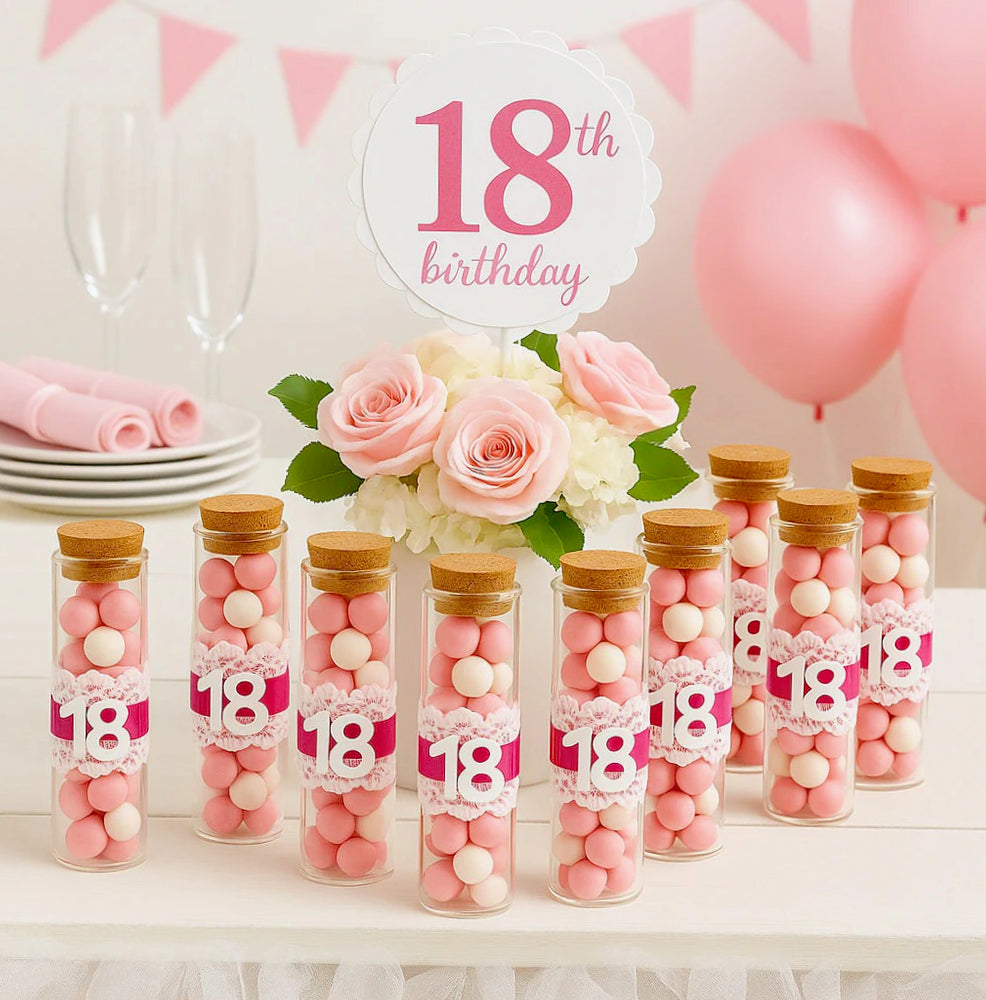 Set 12 bomboniere-portaconfetti a forma di provetta in vetro con tappo, perfette per i 18 anni - ambraled