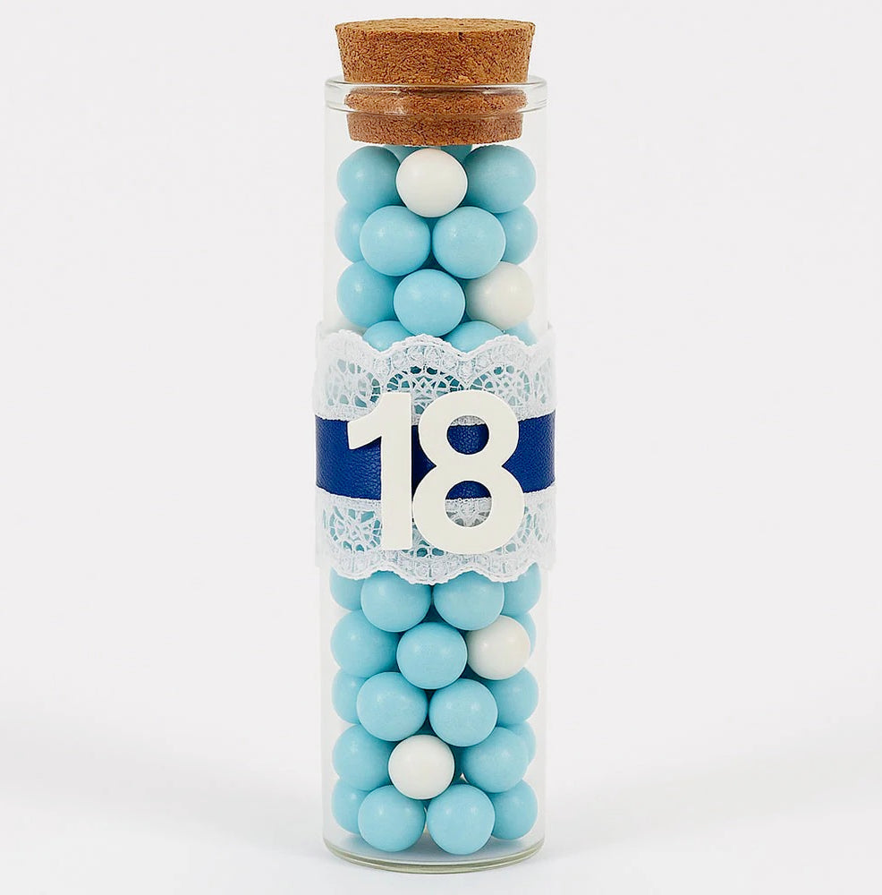 Set 12 bomboniere-portaconfetti a forma di provetta in vetro con tappo, perfette per i 18 anni - ambraled
