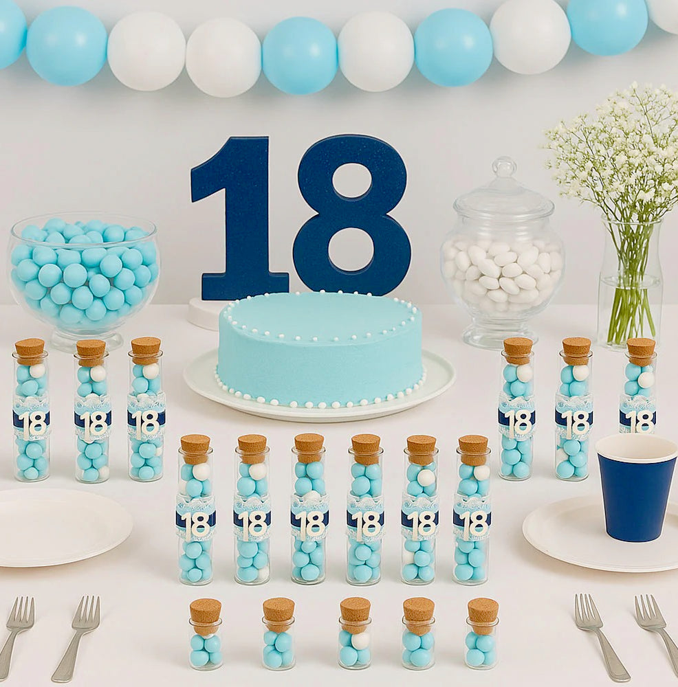 Set 12 bomboniere-portaconfetti a forma di provetta in vetro con tappo, perfette per i 18 anni - ambraled