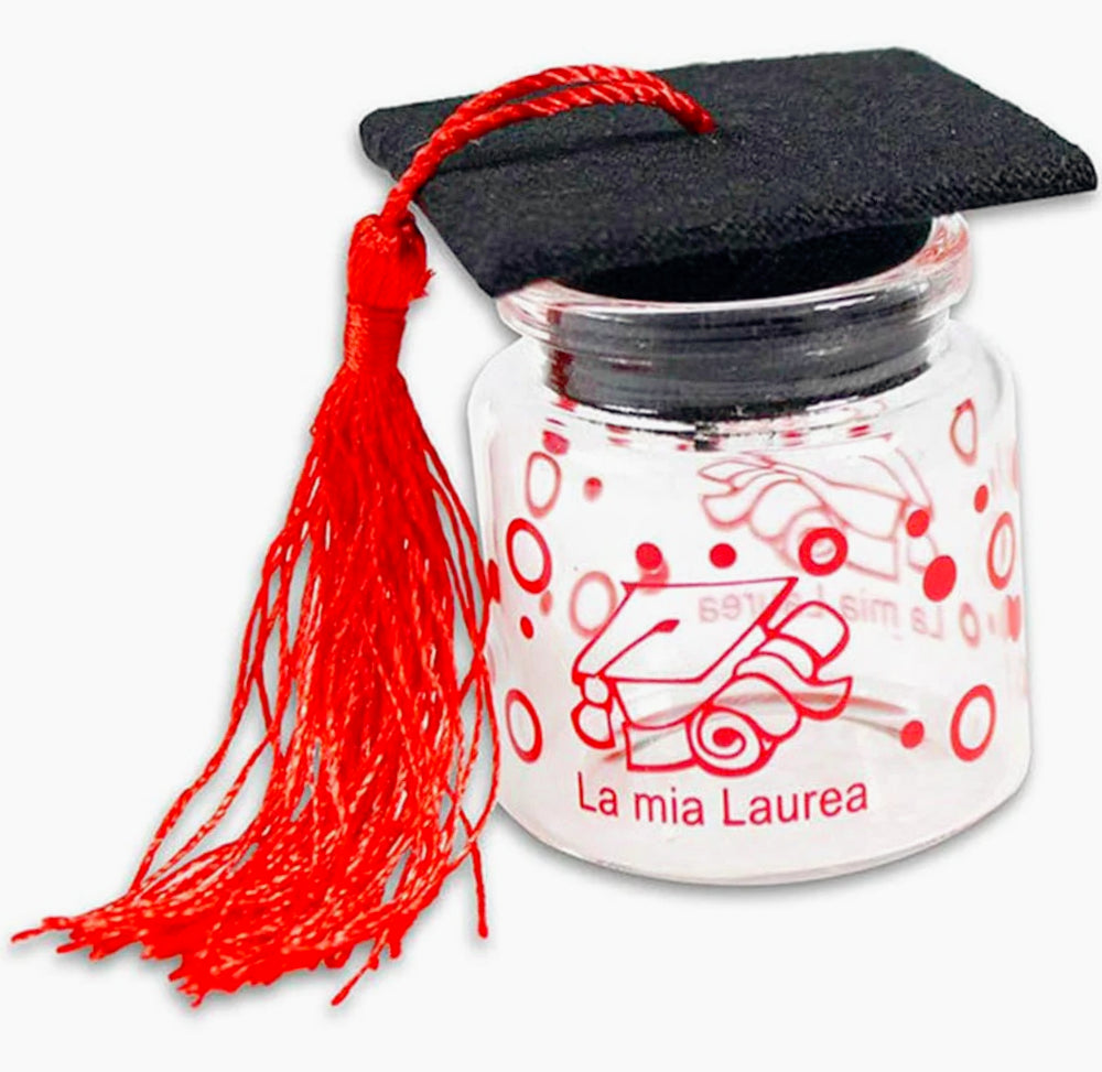 12 bomboniere portaconfetti – barattoli vetro rosso e nero per laurea - ambraled