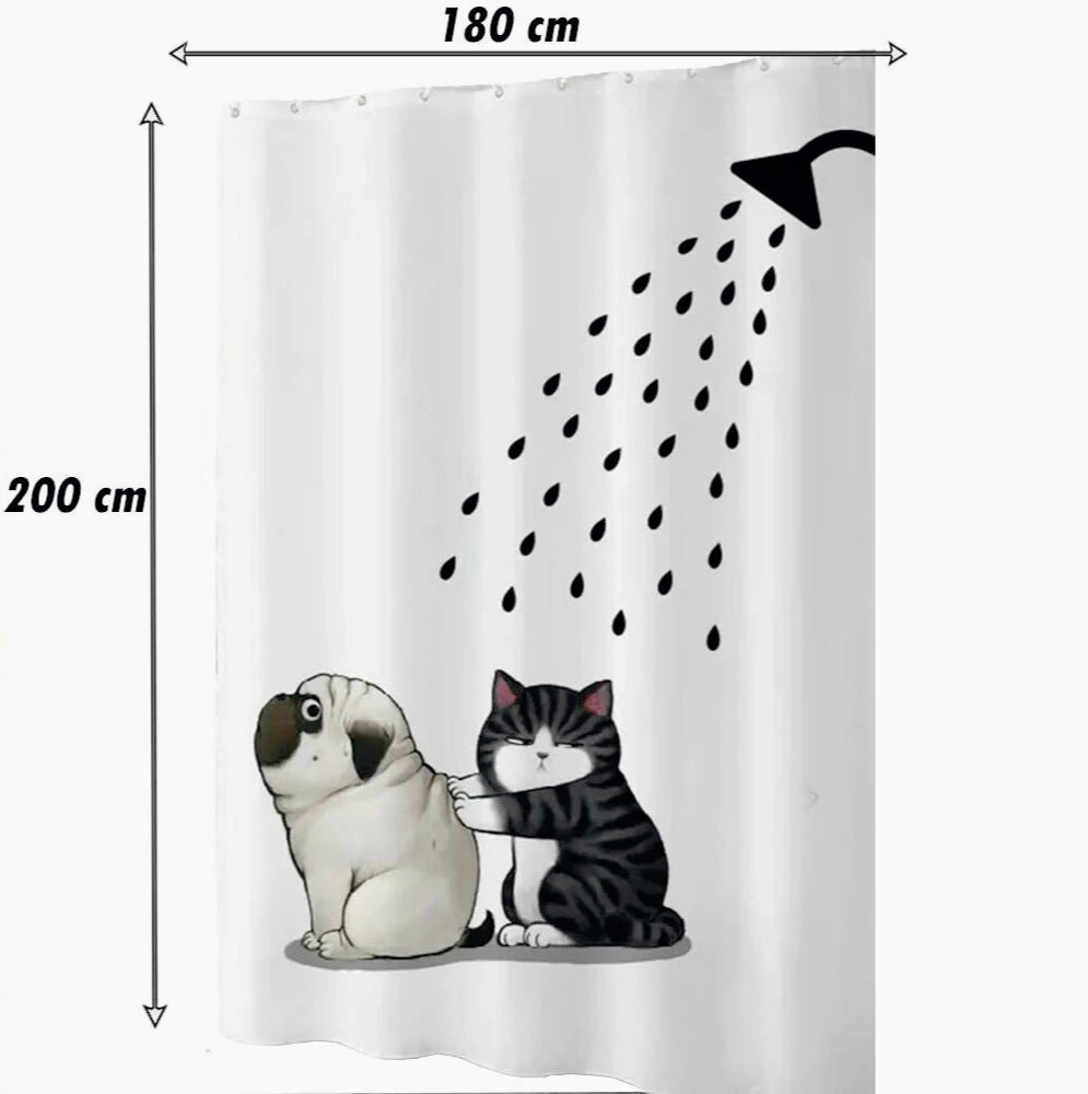 Tenda da doccia impermeabile in PVC – 180×200 cm, 12 ganci, motivo cane e gatto