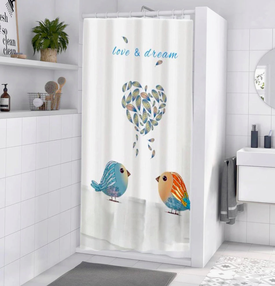 Tenda da doccia impermeabile in PVC – 180×180 cm, 12 ganci, motivo uccelli e cuori