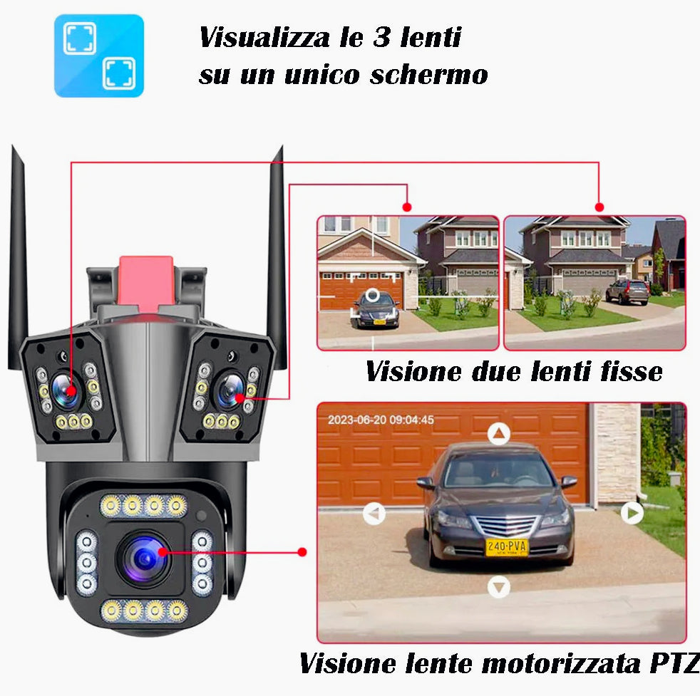 Telecamera Wi-Fi 3 obiettivi 4K Smart PTZ con allarme – Protezione IP66