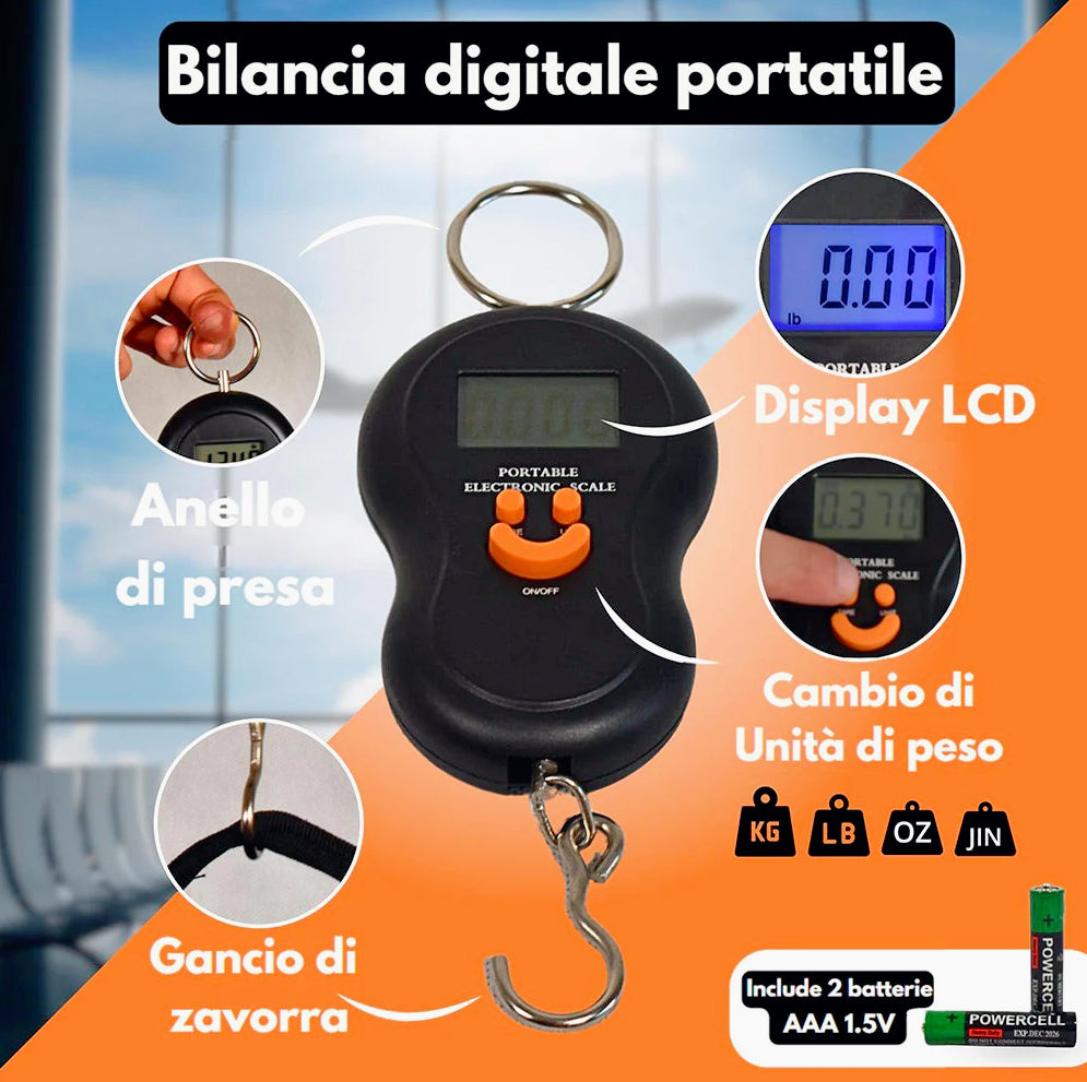 Bilancia portatile LCD – 50kg con gancio per valigie - ambraled
