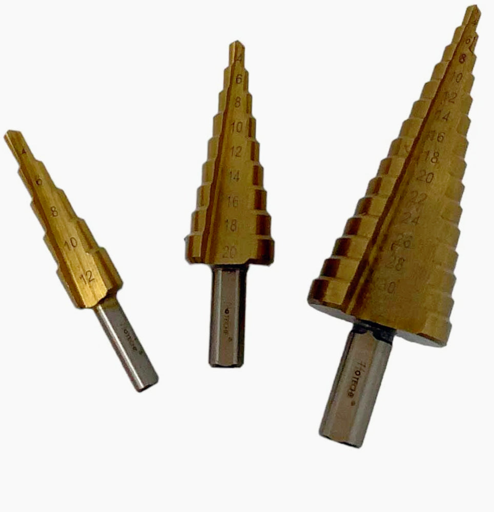 3 Frese Coniche in Acciaio – Punte a Gradini (Misure da 4 a 32 mm) - ambraled