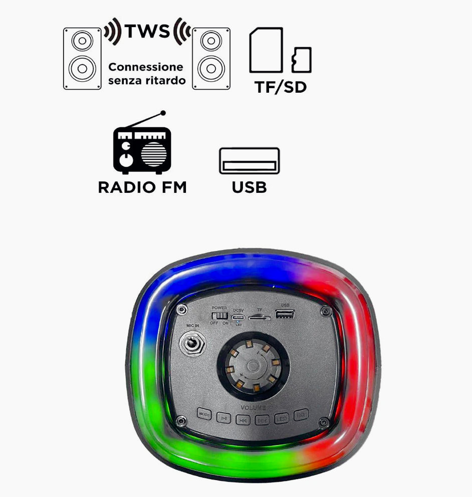 Cassa karaoke RGB 60W – Bluetooth, FM, USB/SD/TF ricaricabile - ambraled