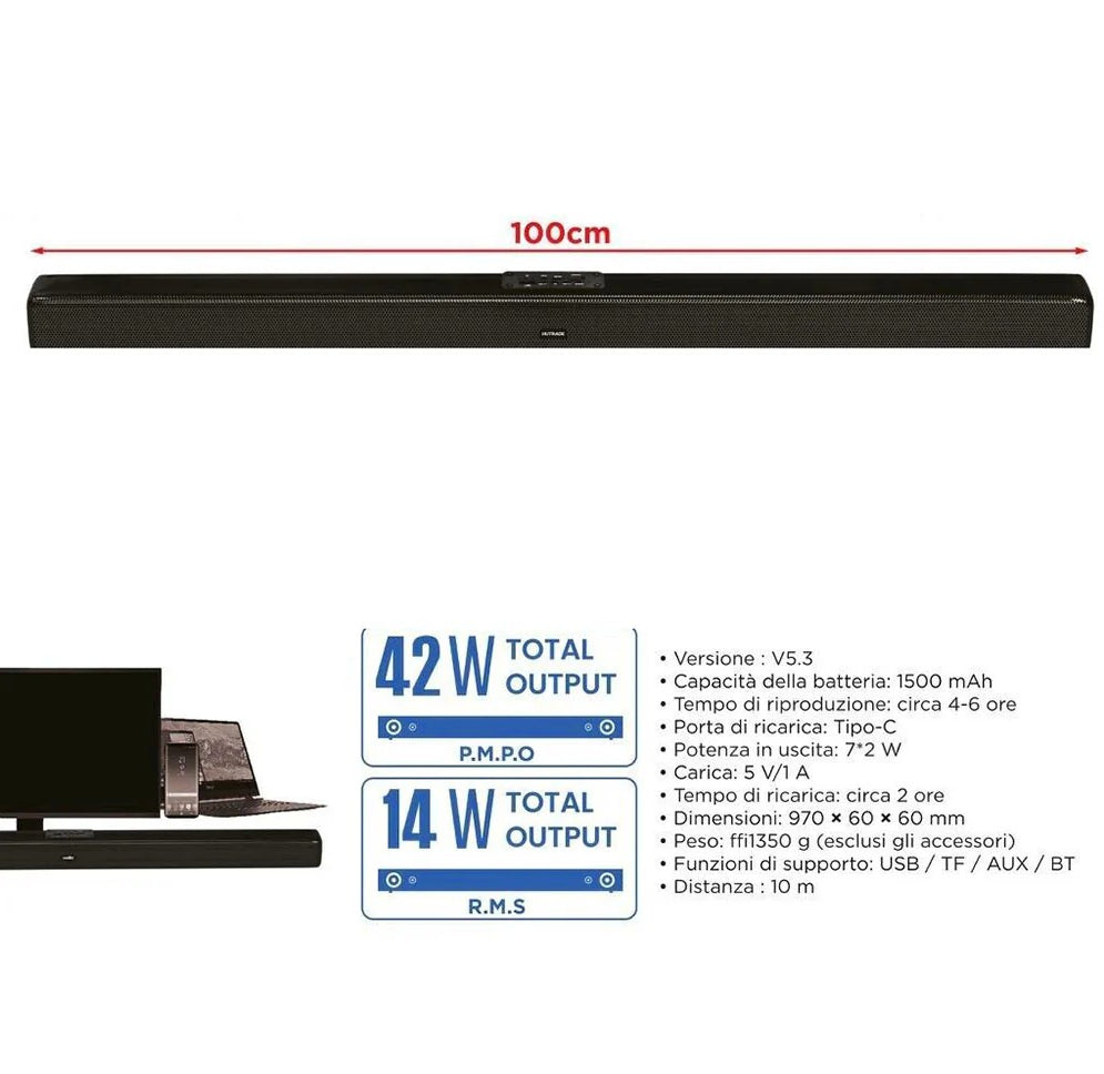Soundbar 42+14W – Bluetooth ricaricabile con aux/USB/subwoofer - ambraled