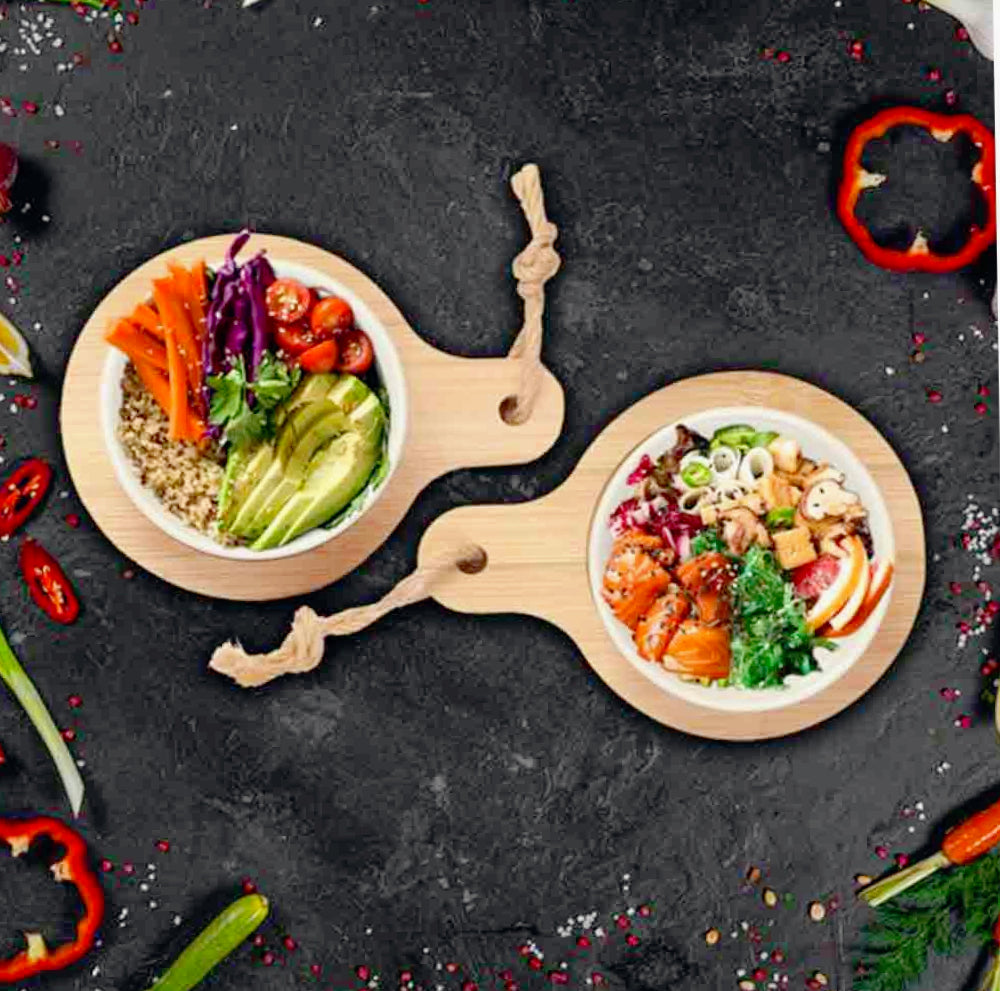 Set aperitivo con 2 ciotole in ceramica e tagliere in legno come supporto - ambraled