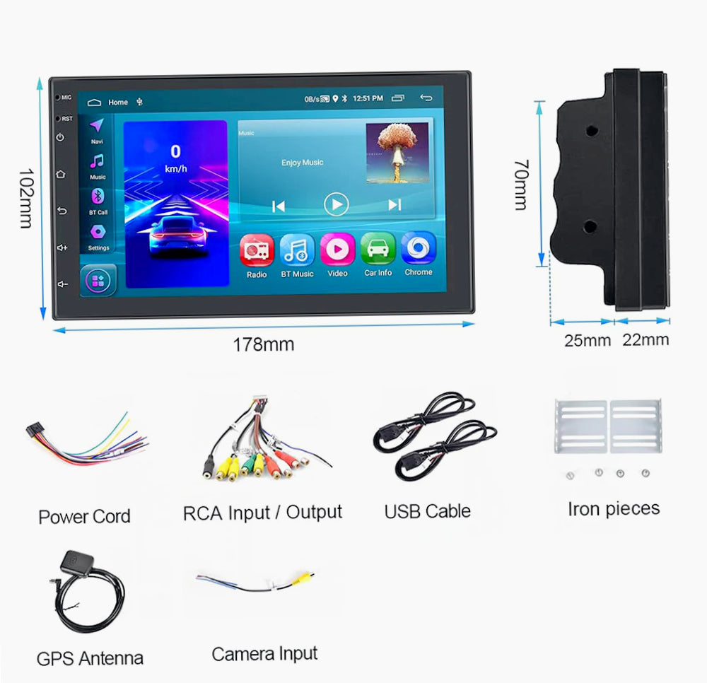 Autoradio 2 DIN Bluetooth 4+32GB CarPlay/Android 7” touchscreen FM/GPS - ambraled
