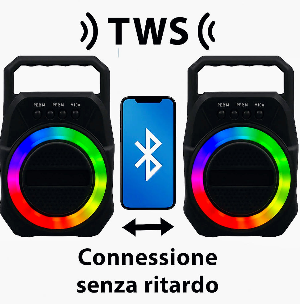 Cassa Bluetooth TWS 5W – FM, luci RGB, USB/TF/AUX ricaricabile - ambraled