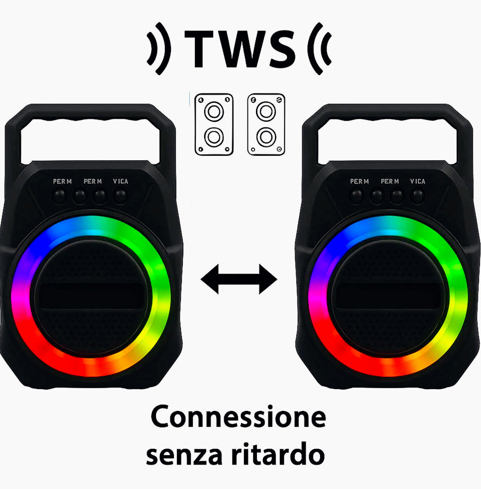 Cassa Bluetooth TWS 5W – FM, luci RGB, USB/TF/AUX ricaricabile - ambraled